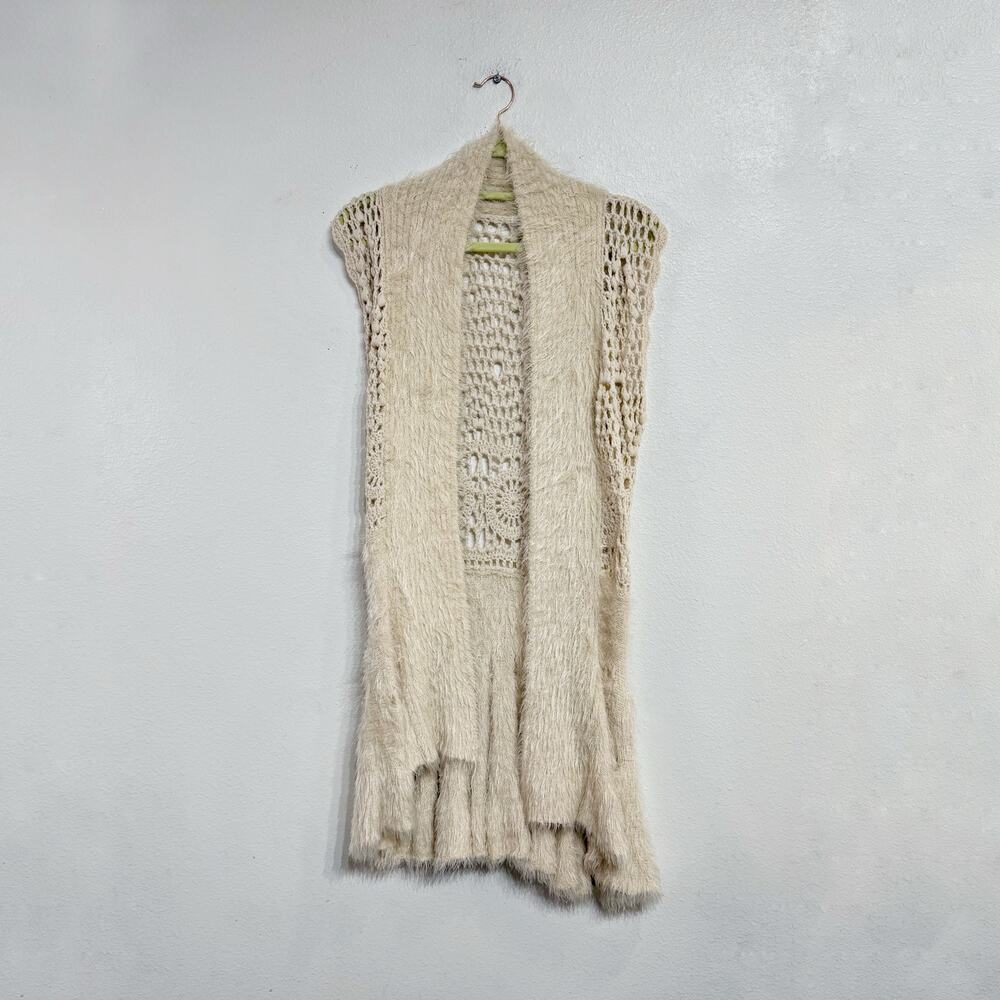 SoHo Chic Cream Fuzzy Crochet Boho Open Front Vest Cardigan Sz L
